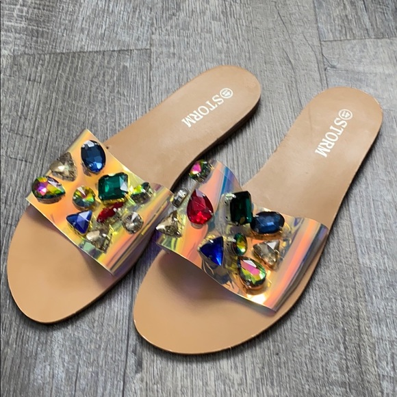 Slippers slides with rhinestones. Worn once - Picture 1 of 4